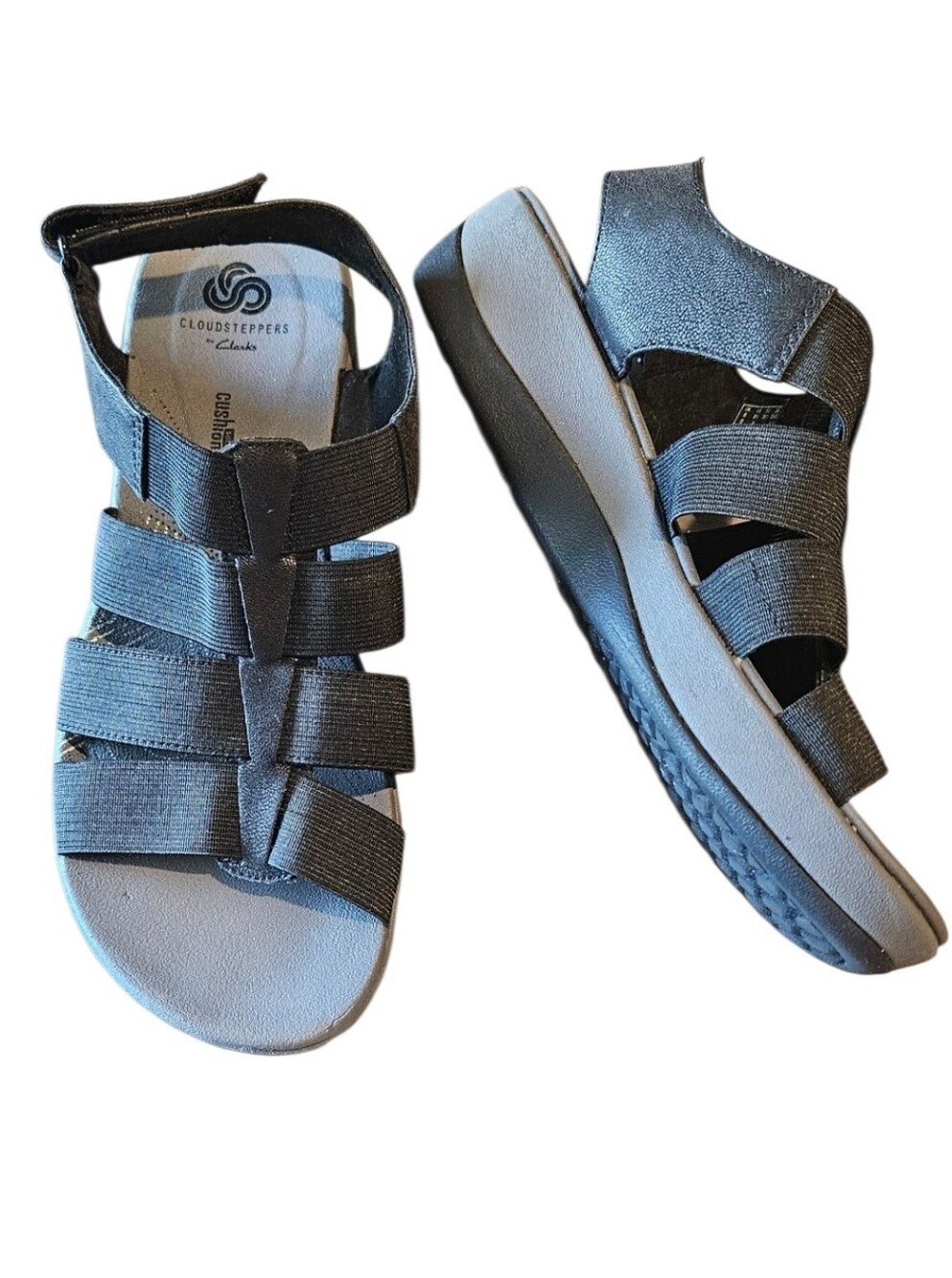 Cloudsteppers by Clarks Black Strappy Elastic Comfort Sandals, Size 8.5